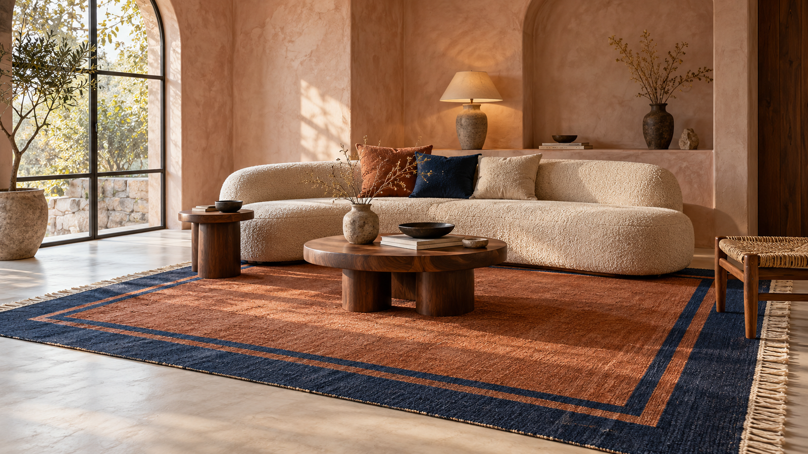 Large handwoven dhurrie with an indigo border on a clay ground in a warm minimal living room with lime-washed walls