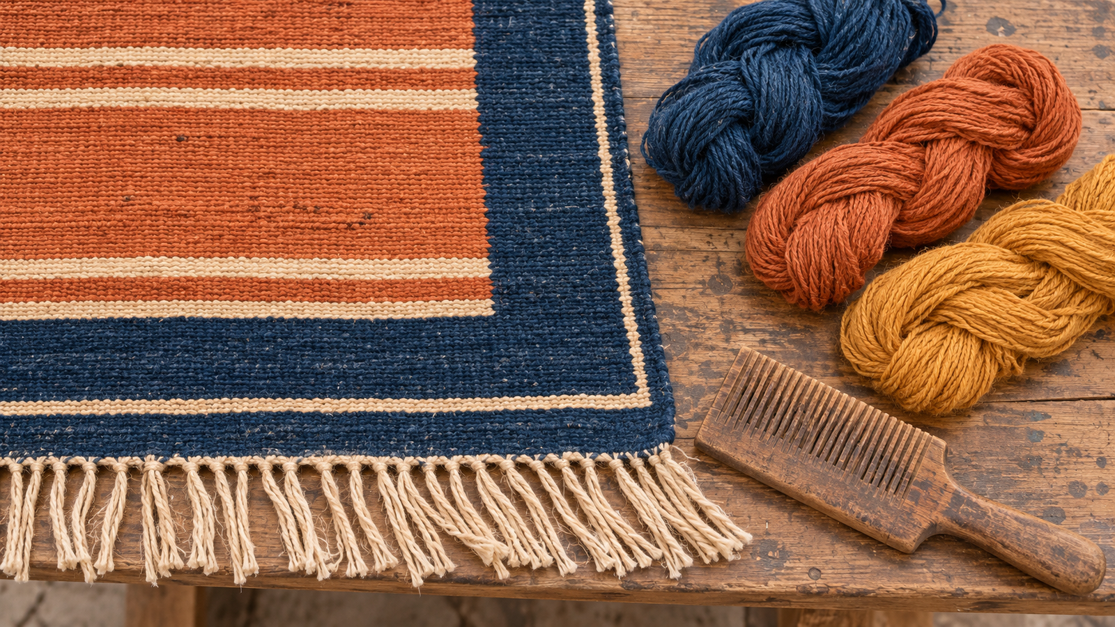 Close view of a handwoven dhurrie border in indigo and clay with wool skeins and a wooden beater comb on a workshop table