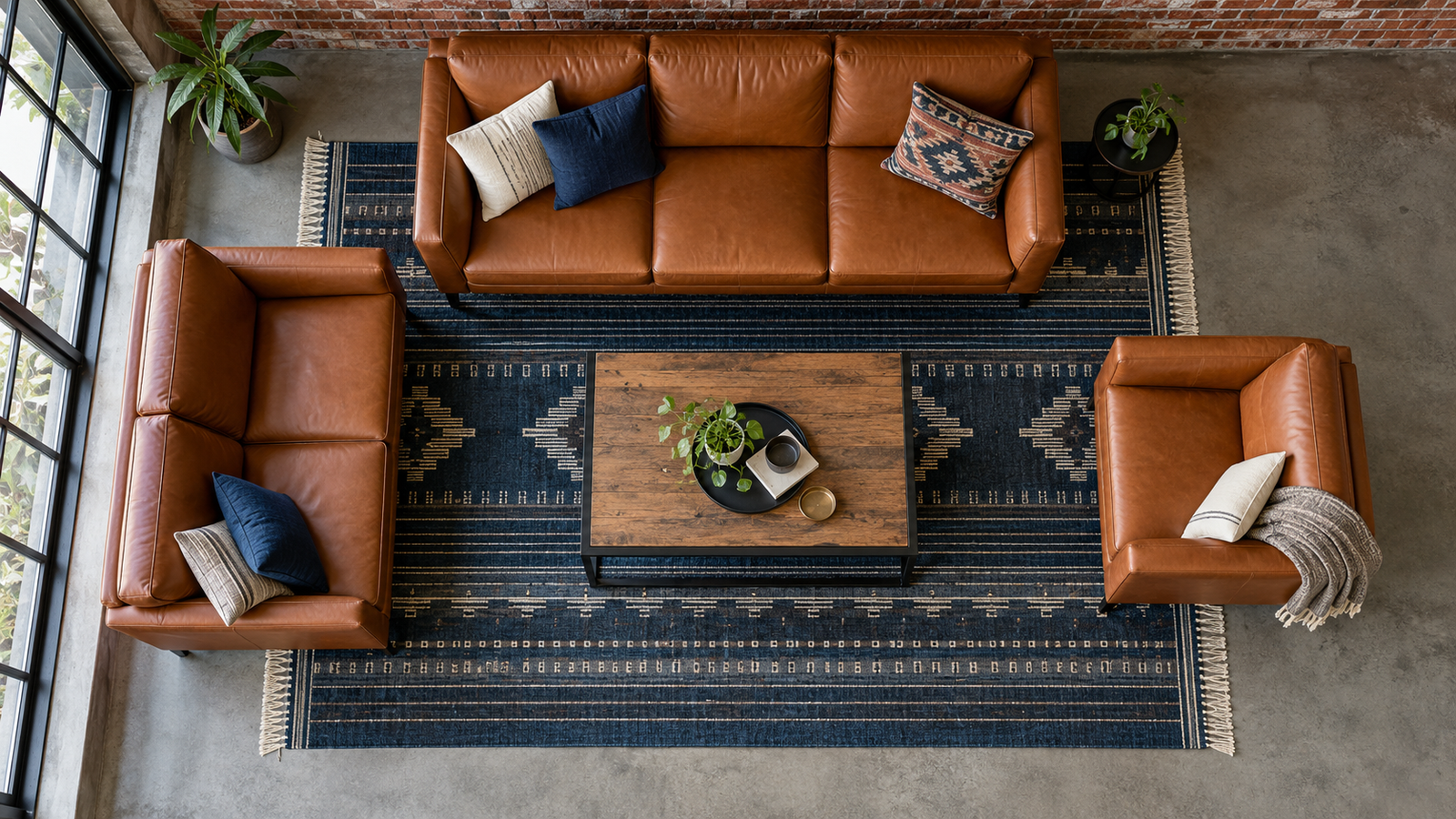 Overhead view of a 3+2+1 leather sofa set with front legs on a large indigo and charcoal flatweave dhurrie