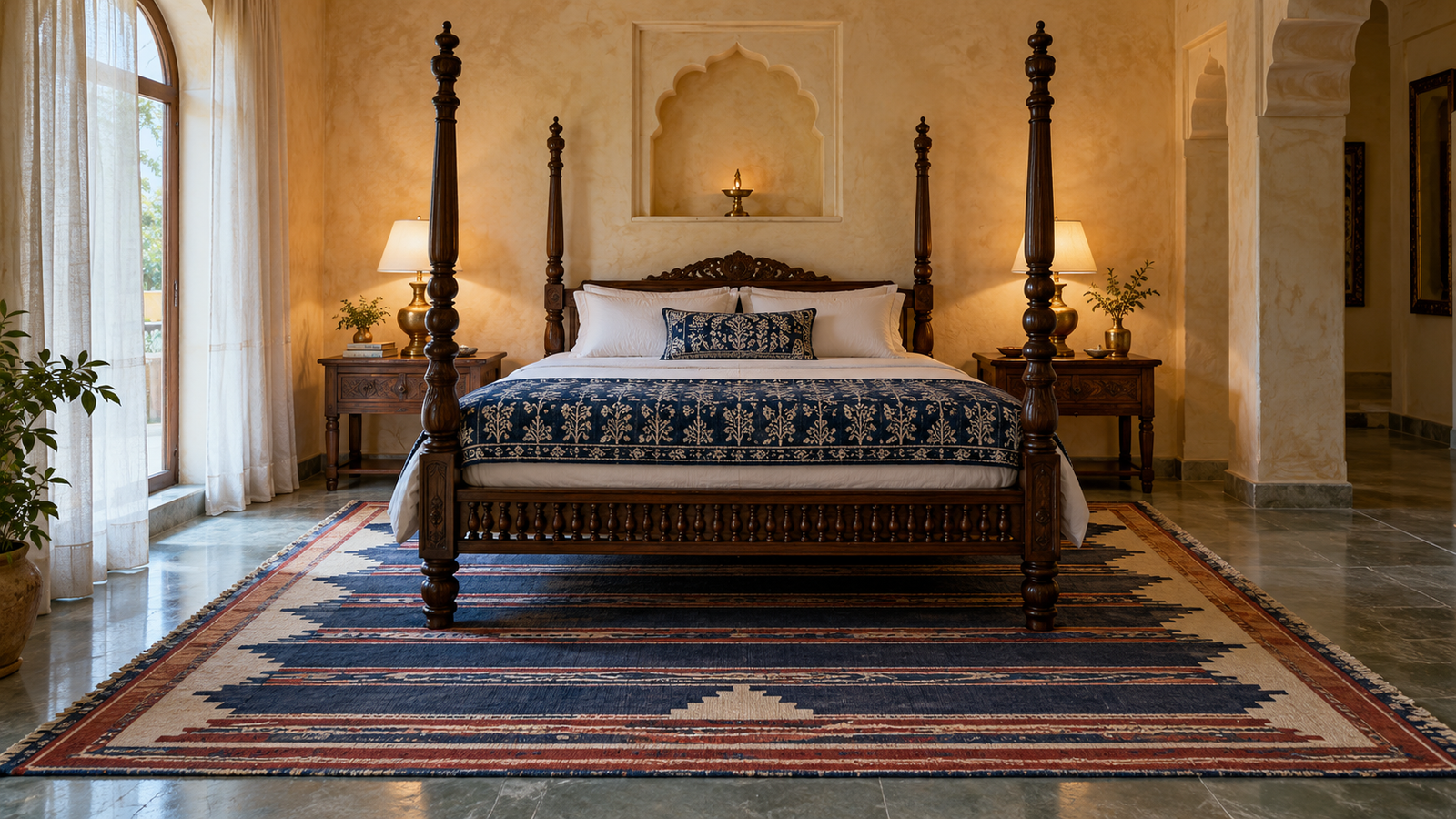 Flatweave dhurrie extending evenly on both sides of a carved wooden bed in a traditional Indian bedroom