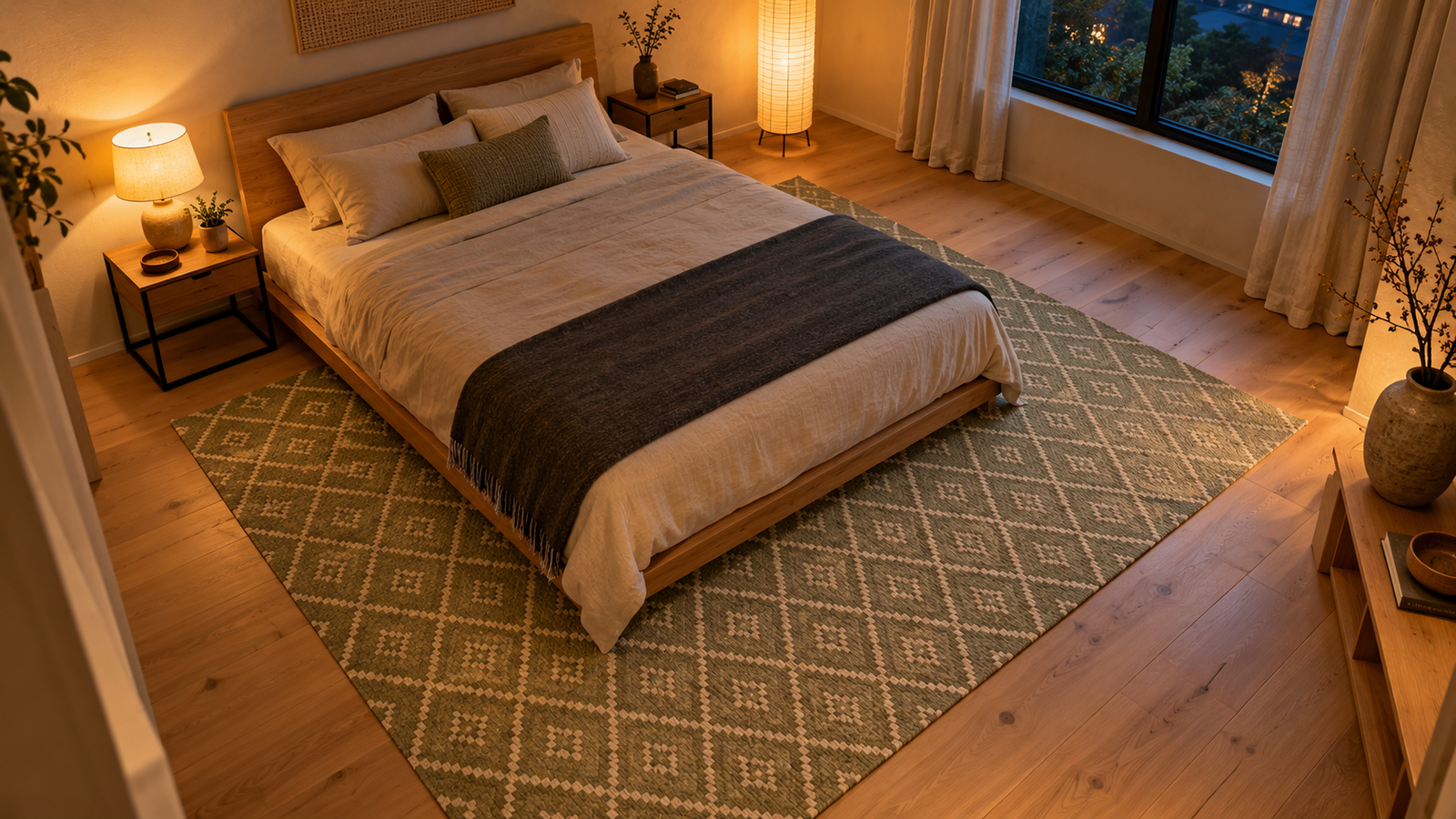 Dhurrie rug placed under the lower two-thirds of a low platform bed in a compact bedroom