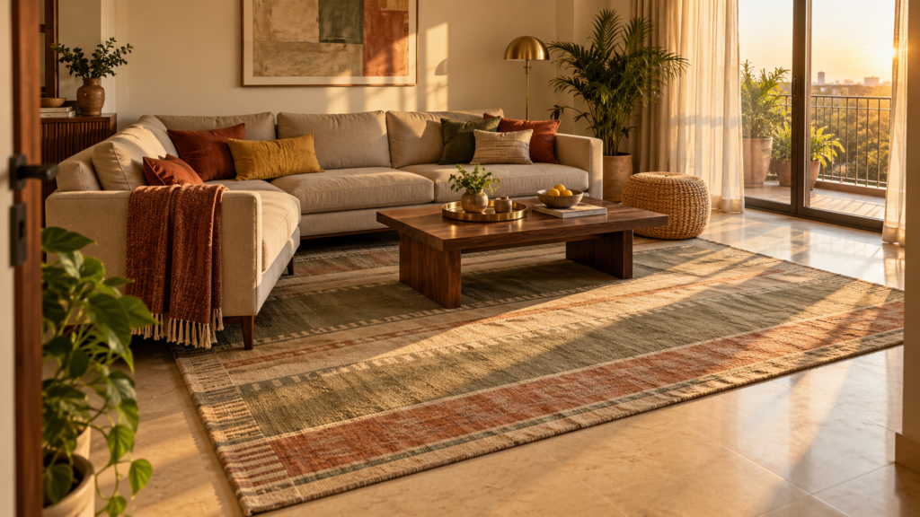 L-shaped sofa with its front legs on a sage and cream wool flatweave dhurrie in a contemporary Indian living room