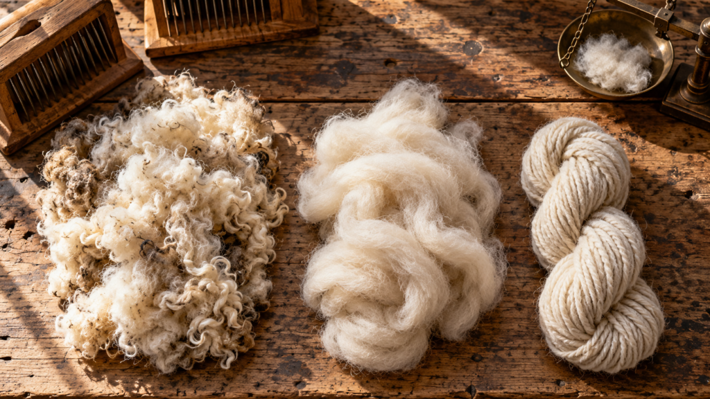 Raw coarse wool fleece beside finely spun yarn, showing the texture difference relevant to rug quality