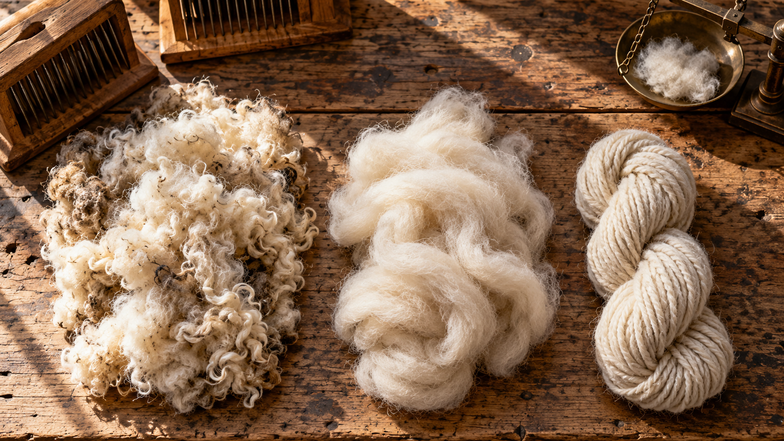 Raw coarse wool fleece beside finely spun yarn, showing the texture difference relevant to rug quality