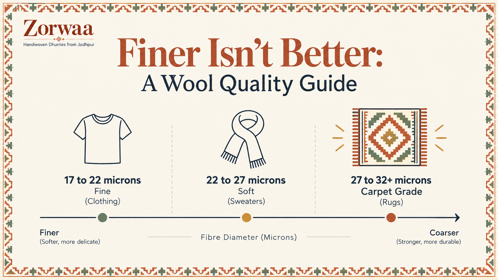 Zorwaa infographic explaining wool micron ranges and why coarser wool suits rugs better than fine wool