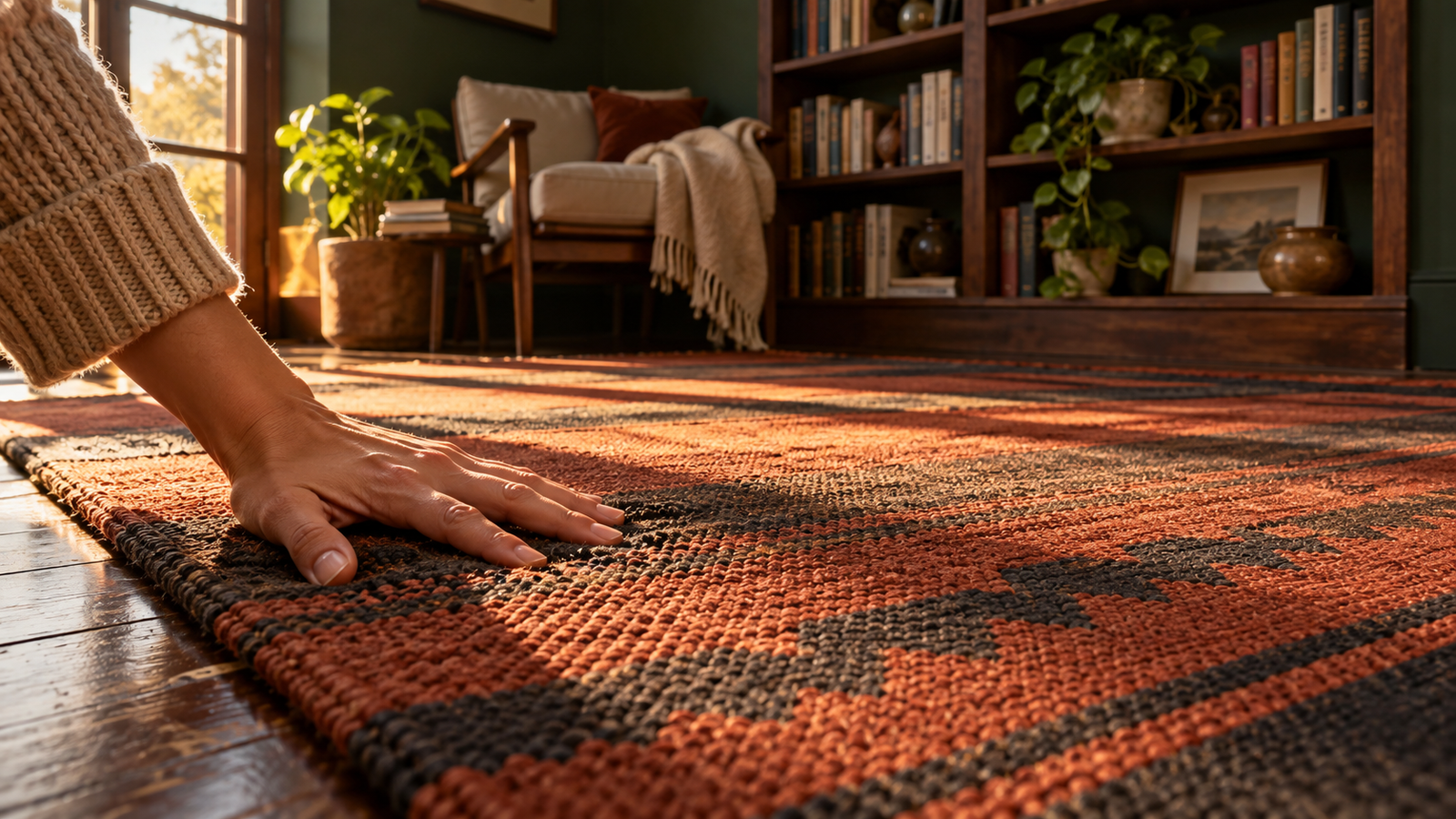 Hand pressing into the surface of a flatweave dhurrie to check wool spring-back quality, in a sunlit reading room